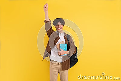 Joyful Male Student Gesturing Yes Posing On Yellow Studio Background Stock Photo