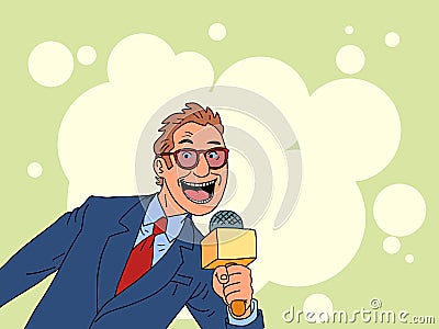 a joyful man is a correspondent with a microphone, media work, news Vector Illustration