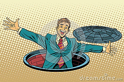 Joyful man in the manhole Vector Illustration