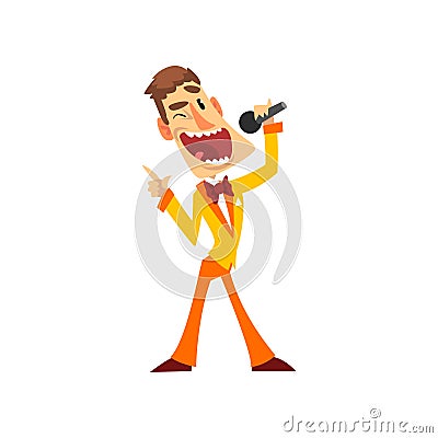Joyful man with microphone, host of the show vector Illustration on a white background Vector Illustration