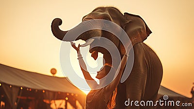Joyful Moments, A Girl Enjoying Quality Time with Her Elephant. A sunset behind Stock Photo