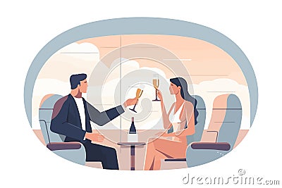 Joyful pair toast with champagne aboard private jet. Smiling, prosperous man and woman enjoy drinks on airplane. Luxury, well- Vector Illustration