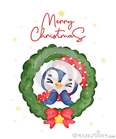Joyful Penguin Celebrating Christmas in a Festive Wreath, Merry Christmas Watercolor Cartoon. Exciting Smiles and Cheerful Holiday Vector Illustration