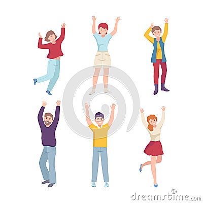 Joyful People Character Raising Hands Up Cheering About Something Vector Illustration Set Vector Illustration