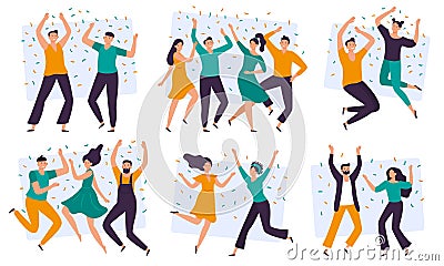 Joyful people. Cheerful couple, happy team celebrating together and group of smiling people flat vector illustration set Vector Illustration