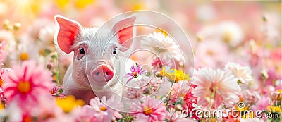 Joyful Piglet in a Blossoming Meadow. Greeting card for celebrating National pig day Stock Photo