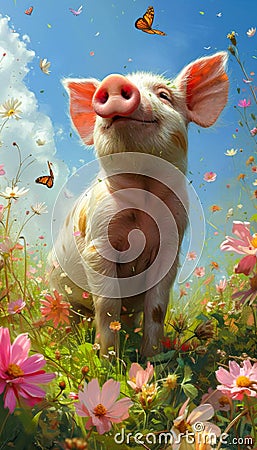 Joyful Piglet in a Blossoming Meadow. Greeting card for celebrating National pig day Stock Photo