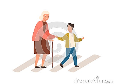 Joyful polite boy help grandmother cross street vector flat illustration. Smiling well mannered child assistance to aged Vector Illustration