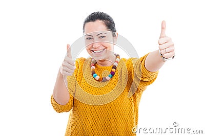 Joyful pretty lady doing double like sign Stock Photo