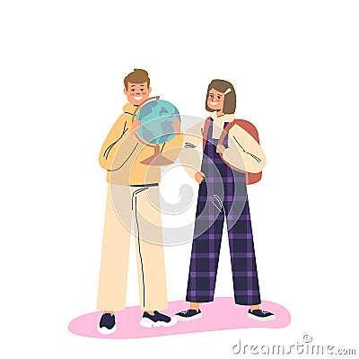 Joyful pupils with backpacks and earth globe happy smiling. Cheerful small schoolboy and schoolgirl Vector Illustration