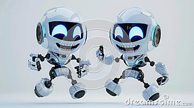 Joyful robots with expressive faces engaging in playful interactions, representing the harmony between technology and Stock Photo