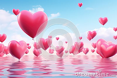 A joyful scene filled with love and celebration as a bunch of heart-shaped balloons float in the air, Picturing heart balloons Stock Photo