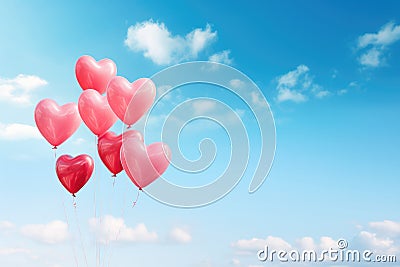 A joyful scene of heart shaped balloons floating in the air, creating a vibrant and festive atmosphere, Heart-shaped balloons Stock Photo