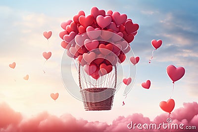 A joyful scene of heart-shaped balloons floating in the sky, creating a vibrant and colorful display, Basket filled with heart Stock Photo
