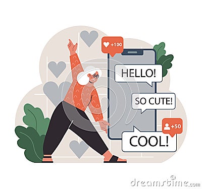 Joyful senior woman embraces online dating. Flat vector illustration Vector Illustration