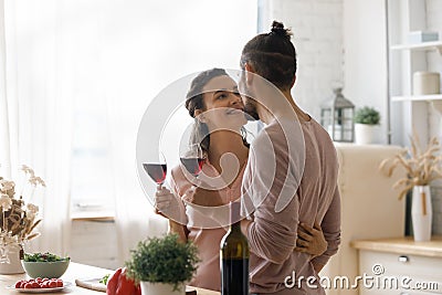 Joyful sincere loving young family couple enjoying home dating. Stock Photo