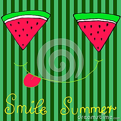 Joyful sliced watermelon slices, smiling showing tongue, isolate Vector Illustration