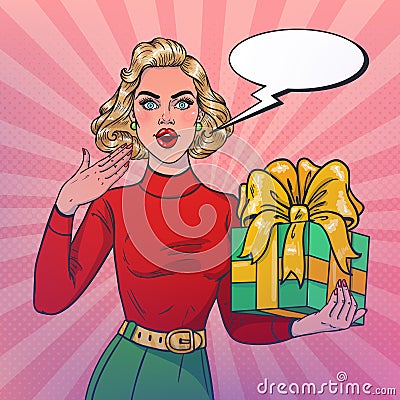 Joyful smiling girl holding a gift in her hand. Cartoon Illustration