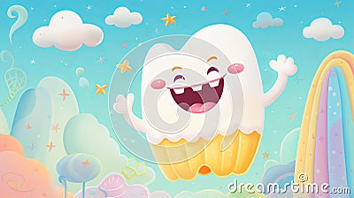 Joyful smiling tooth with cheerful eyes and mouth against vibrant backdrop Cartoon Illustration