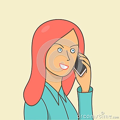 A woman with coral hair is talking on a cell phone. Friendly girl. Vector graphics. Vector Illustration
