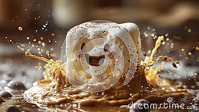 A Joyful Splash: Marshmallow’s Delightful Dance in Hot Chocolate Stock Photo