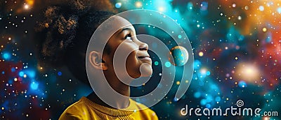 A Joyful Student Daydreams During An Astronomy Lesson, Embracing Imagination And Knowledge Stock Photo