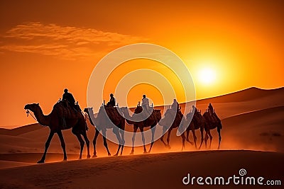 Joyful Tourist on Group Camel Ride in Desert Stock Photo