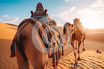 Joyful Tourist on Group Camel Ride in Desert Stock Photo