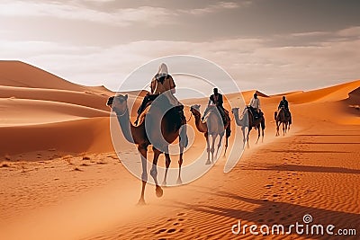 Joyful Tourist on Group Camel Ride in Desert Stock Photo