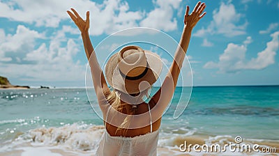 Joyful traveling woman leaps with hands up on the beach, viewed from behind. Stock Photo