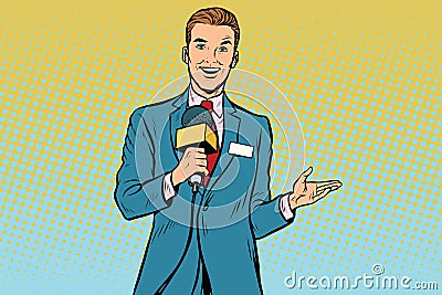 Joyful TV reporter with microphone Vector Illustration