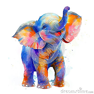 Joyful watercolor painting of a baby elephant with curled trunk, open mouth, large flared ears, adorned body, and surrounded by Stock Photo