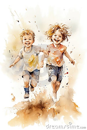 Joyful Watercolor Painting of Little Kids Laughing and Playing. Perfect for Children's Books and Illustrations. Stock Photo