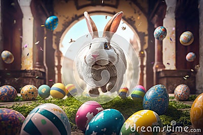 Joyful white bunny jumping with colorful easter eggs background, Happy Easter Concept. Generative Ai Stock Photo