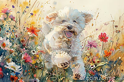 Joyful white puppy bounding through a vibrant watercolor flower field Stock Photo