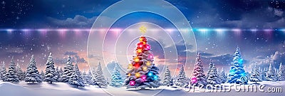 joyful winter celebration with Christmas tree and winter decor creating a festive and cozy atmosphere on the snowy Stock Photo