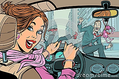 Joyful woman driver, accident on road with pedestrian Vector Illustration