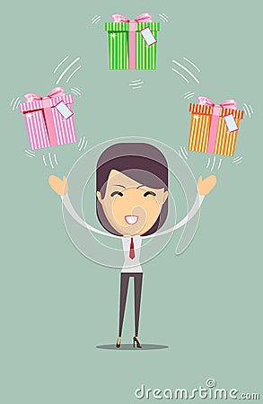 Joyful woman holding a lot of boxes with gifts Vector Illustration