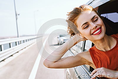 joyful woman trip travel fun vacation nature Stock Photo