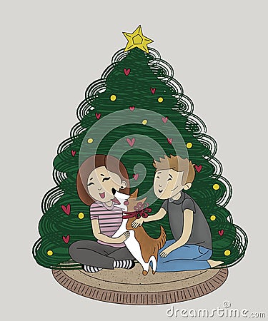 joyful young couple laughing, with a corgi dog with a red bow around his neck, sitting together near the christmas tree at home on Cartoon Illustration