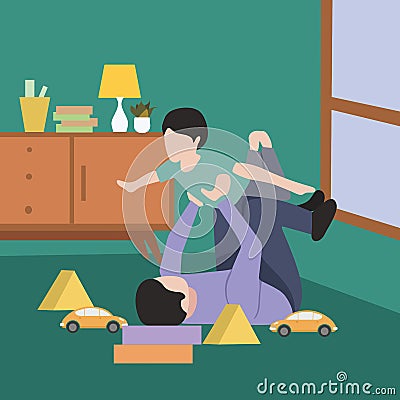 Joyful young man father lying on the carpet floor, lifting excited happy little child son at home Vector Illustration