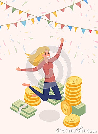 Joyfully jumping money owner vector character. Happy woman, cash prize winner, honorarium payee cartoon illustration Vector Illustration