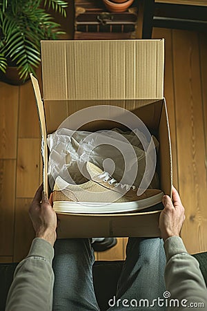 Joyous moment of person opening a delivered package, revealing the ordered shoes inside. Stock Photo