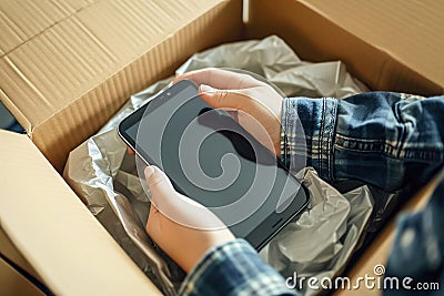 Joyous moment of person opening a delivered package, revealing the ordered smartphone inside Stock Photo
