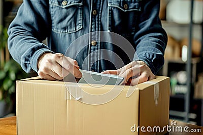 Joyous moment of person opening a delivered package, revealing the ordered smartphone inside. Stock Photo