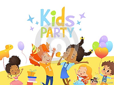 Joyous Multiracial kids in birthday hats and balloons happily jump. Cute rabbits, a bunch of presents on the background Vector Illustration