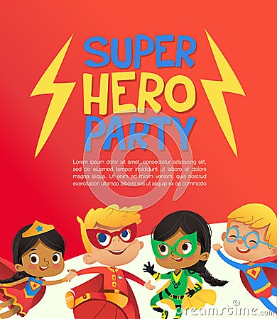 Joyous Multiracial kids in super hero outfit and balloons happily jump. Vector Illustration of a Super Hero Party poster Vector Illustration