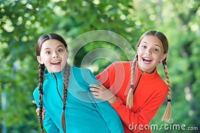 Joys of childhood. Childhood friends natural outdoors. Happy children enjoy summer holidays. Childhood protection. Child Stock Photo