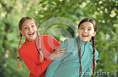 Joys of childhood. Childhood friends natural outdoors. Happy children enjoy summer holidays. Childhood protection. Child Stock Photo