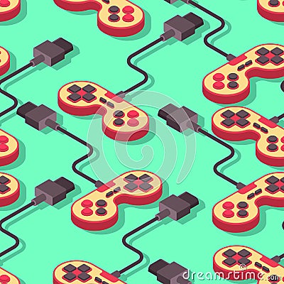 Joystick retro seamless pattern. Gampad Game console 8 bit texture. Retro video game control background Vector Illustration